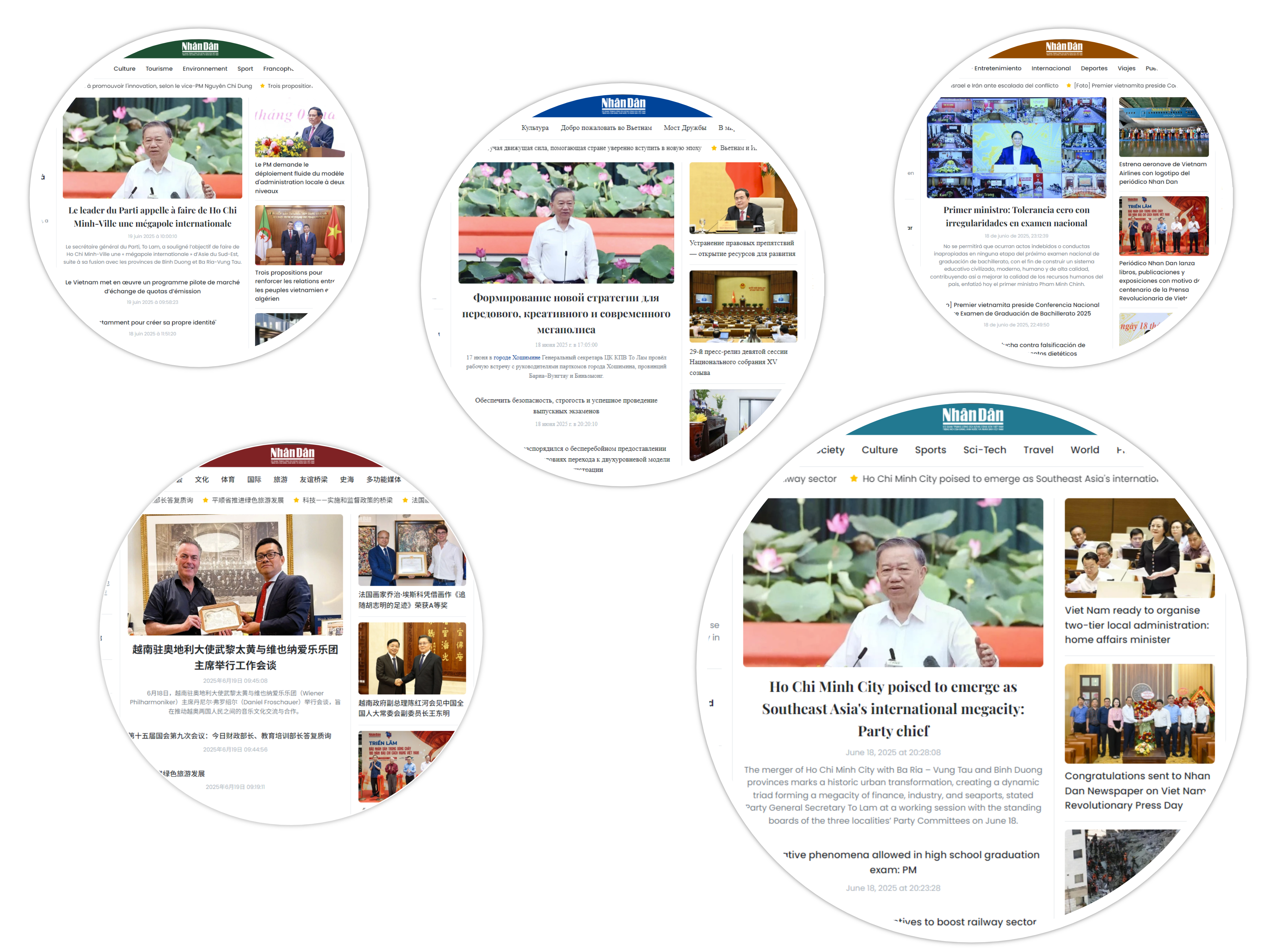 The homepages of Nhan Dan in five foreign languages.